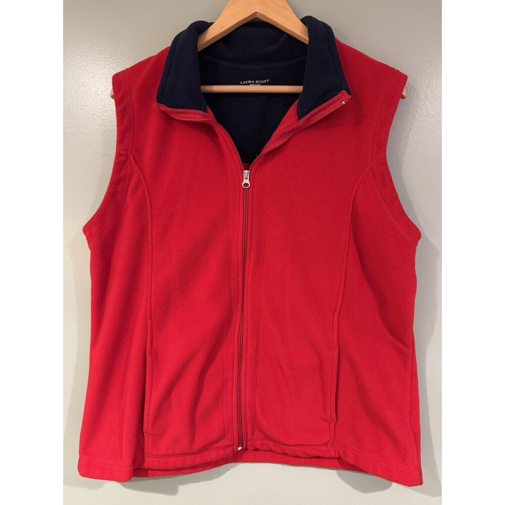 Laura Scott Women Fleece Vest Full Zip Pockets Sleeveless Red Womens XL Cozy EUC